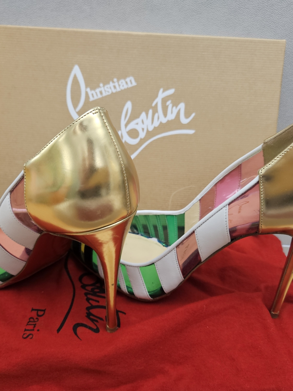 Christian Louboutin Gold & Multi-Color Striped Stiletto Pumps
